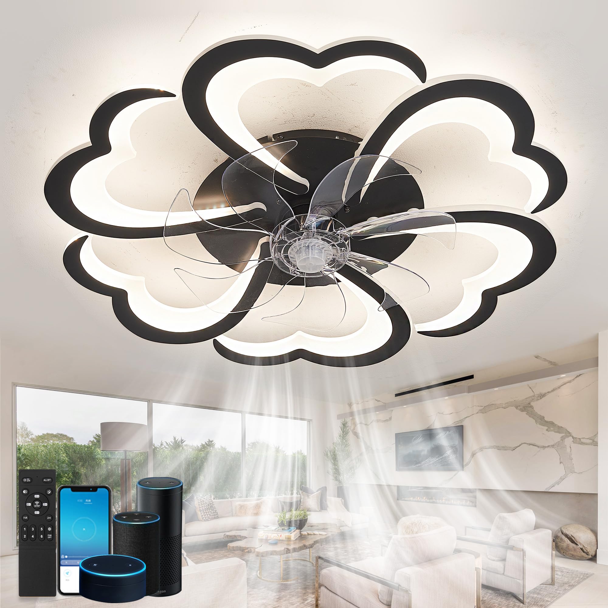 Deckenlampe Mit Ventilator Leise Alexa-kompatibel,Intelligente Deckenleuchte Mit Ventilator,Reversibel,6-Gang,Dimmbar,Schwarz,APP +Sprachassistent