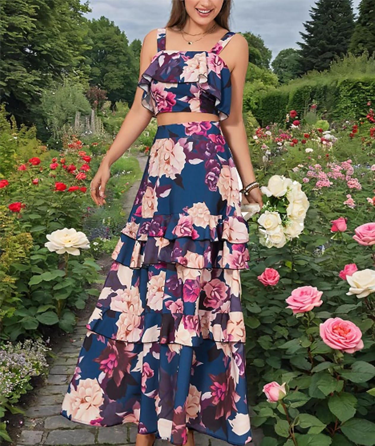 SOMTHRON Women's Summer 2 Piece Outfits Floral Print Strap Crop Tops Tiered Ruffle Skirt Sets Maxi Long Dress - Image 3