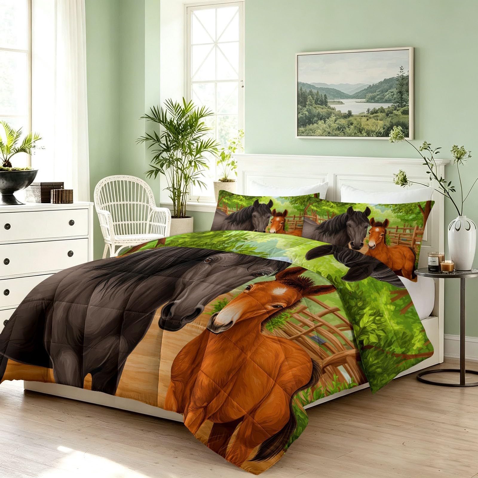 Piumino senza rivestimento, 135 x 200 cm, recinto con cavallo nero, stile rustico, caldo, 4 stagioni, adatto per chi soffre di allergie, leggera, per tutte le stagioni, con 2 federe da 80 x 80 cm
