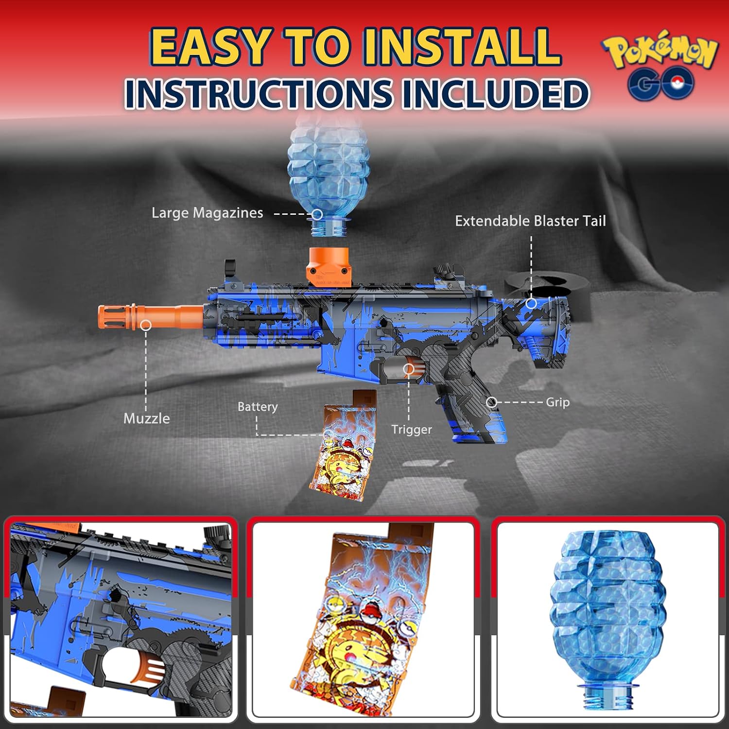Electric Gel Ball Blaster, High Speed Automatic Splatter Ball Blaster with 40000+ Water Beads and Goggles, SUPBEC Rechargeable Splatter Ball Toys for Outdoor Activities Game Party Favors- Pika