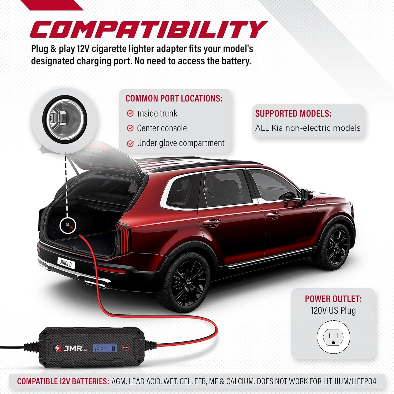 JMR Battery Charger for Kia K900 Stinger Telluride Sorento Carnival Cadenza Sedona Borrego NIRO Optima Soul All Models Trickle Charger Conditioner Maintainer (No Lithium Mode)