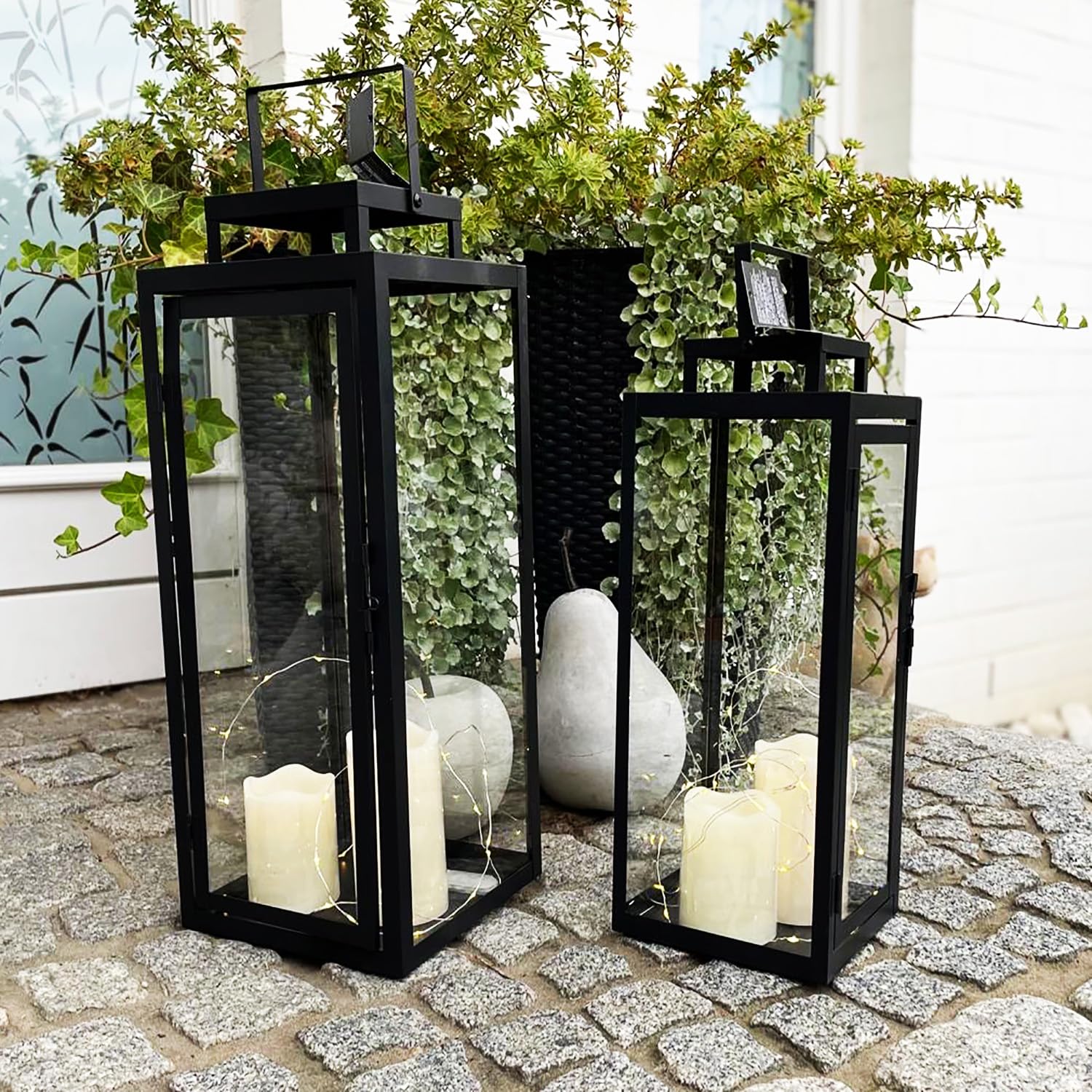 Set di 2 lanterne da giardino, lanterne in metallo, per esterni, in metallo, colore nero, altezza 50/40 cm