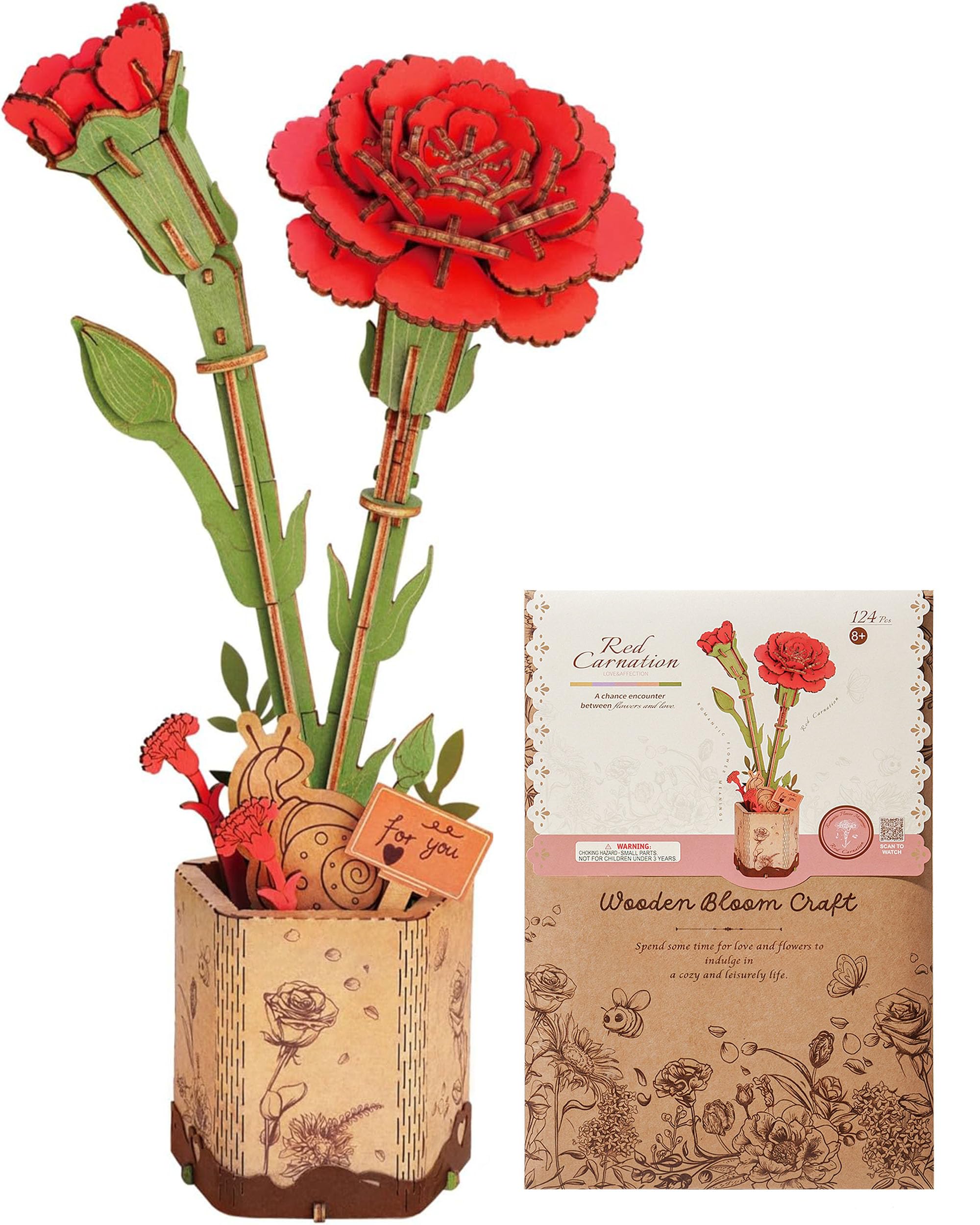 ROBOTIME 3D Holzpuzzle Künstliche Blumen Modellbausätze für Erwachsene zum Bauen, Kreative Wohnkultur, Accessoires Wohnzimmer, Geschenke für Frauen am Valentinstag, Blumenstrauß (Rote Nelken)