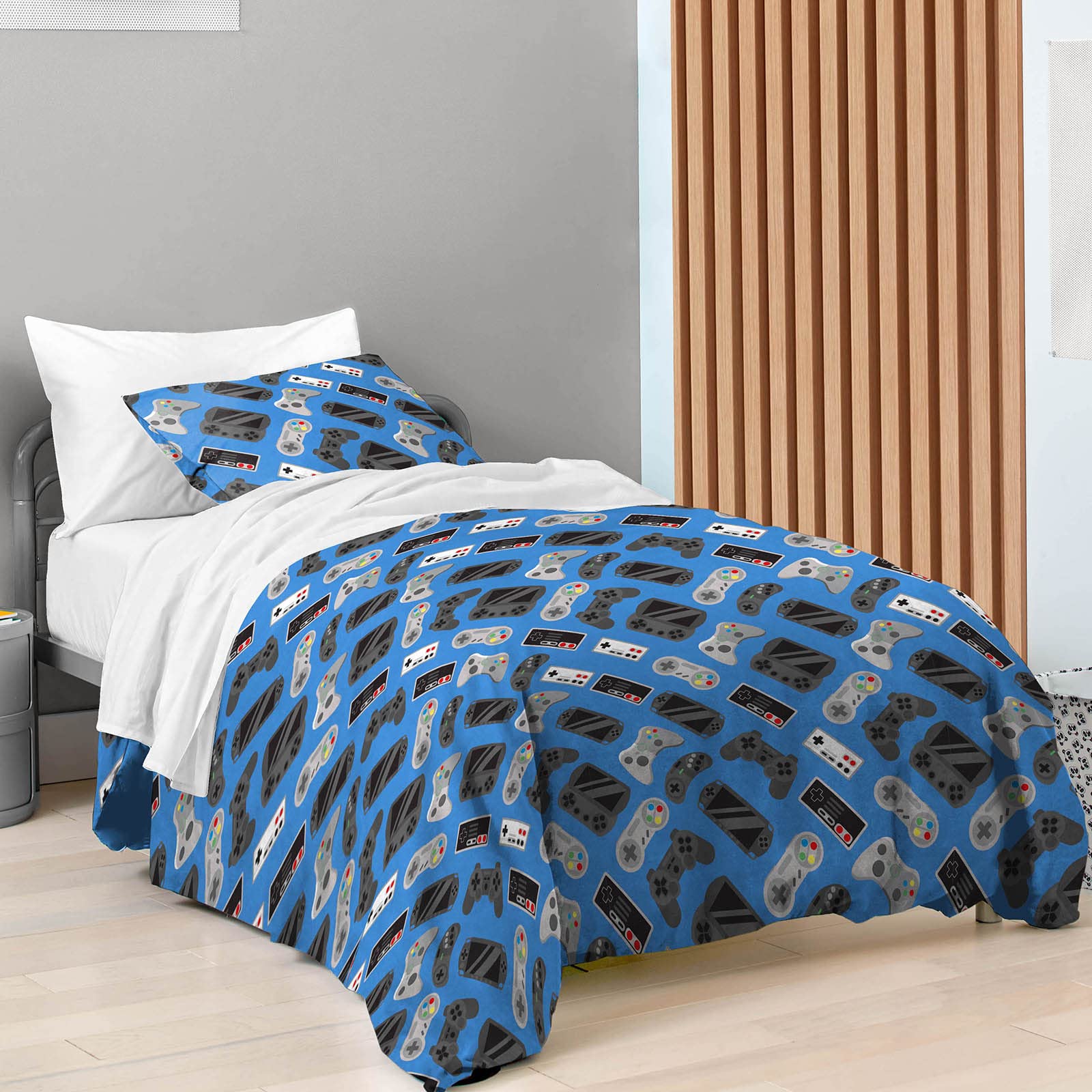 saturday park gamer full/queen duvet cover & sham set - 3 piece 100% organic cotton video game duvet set - gots & oeko-tex certified