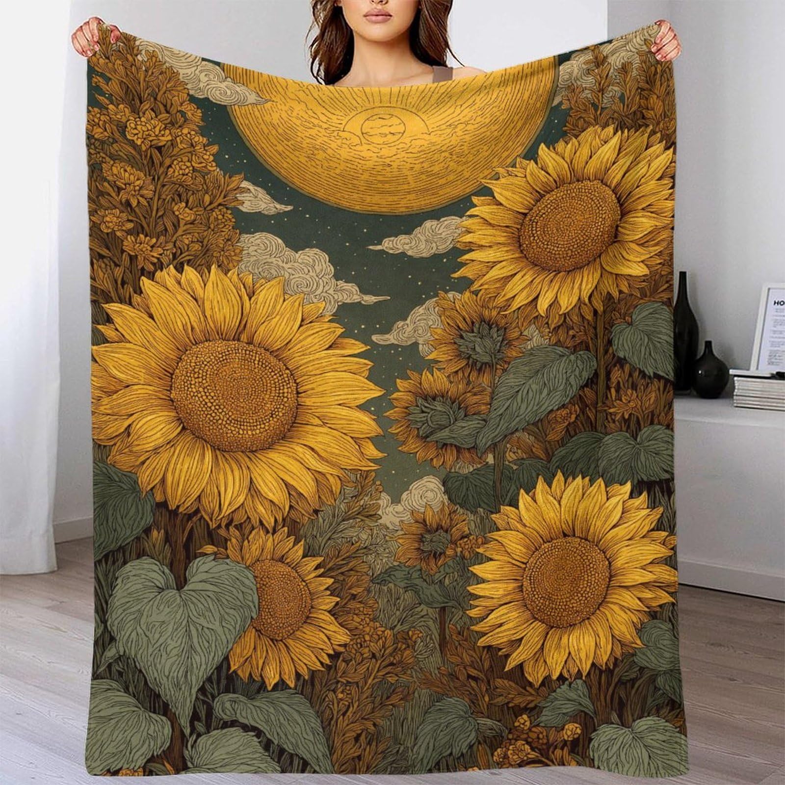 Couverture douce et confortable en peluche plaid 3D tournesols de flanelle