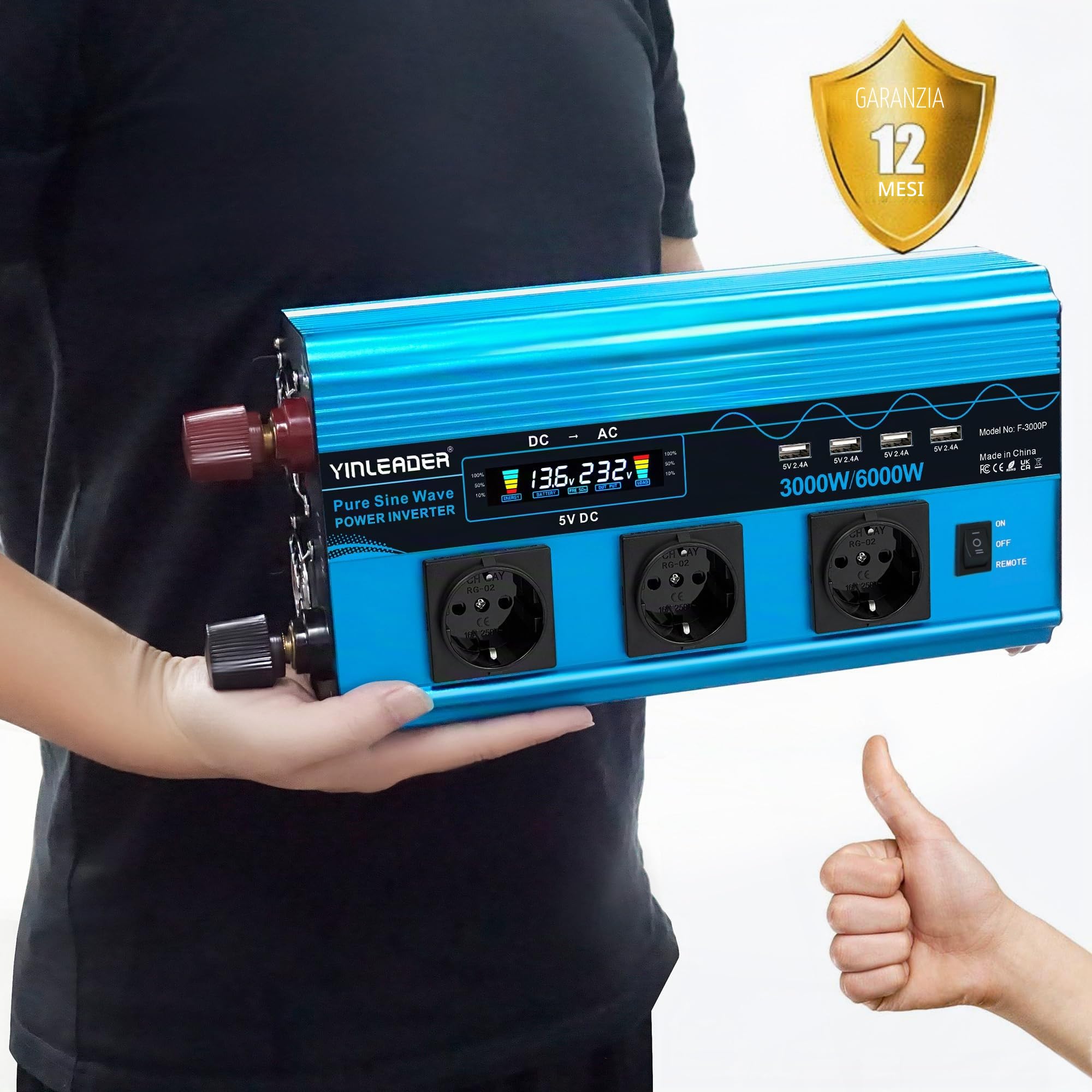 Yinleader Power Inverter 3000W Onda Sinusoidale Pura Convertitore DC 12V a AC 220V 230V LCD & 3 presa AC e 4 Porte USB per auto,camion camper