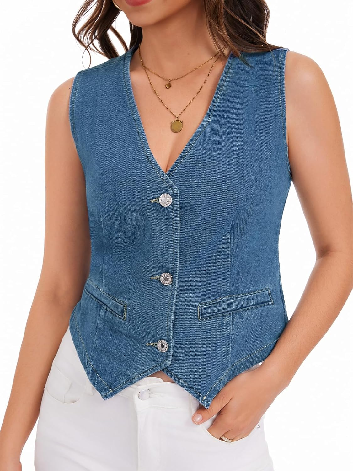 WUDODO Womens Denim Vest Sleeveless V Neck Button Down Jean Jacket Y2K Summer Crop Tops