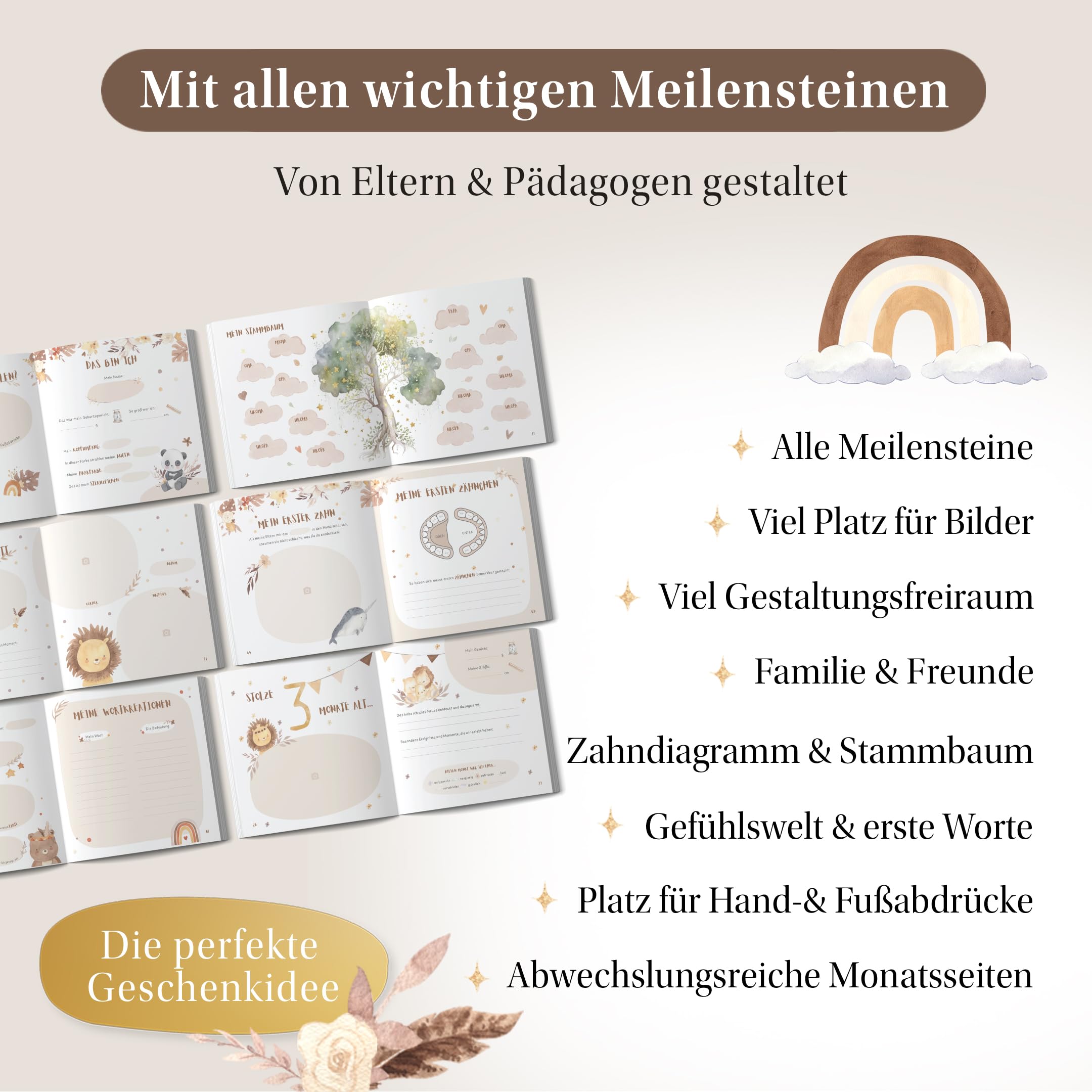 EULENTALER L'album per bambini "BOHO" I Progettato da educatori I Con simpatiche illustrazioni dipinte a mano I Copertina in vero lino + goffratura dorata I Diario di nascita per ragazzi e