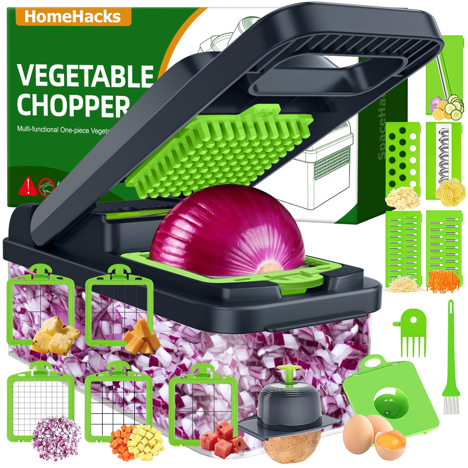 HomeHacks Veggie Chopper Vegetable Cutter, 15 in 1 Kitchen Gadget, Green