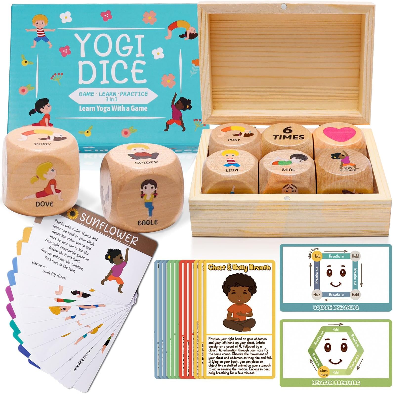 Garybank Kids Yoga Dice With 12 Yoga Cards, 20 Breathing Exercise Cards - Calm Down Corner Supplies, Solo or Group Fun Exercise Game, Workout Equipment, Christmas Gifts