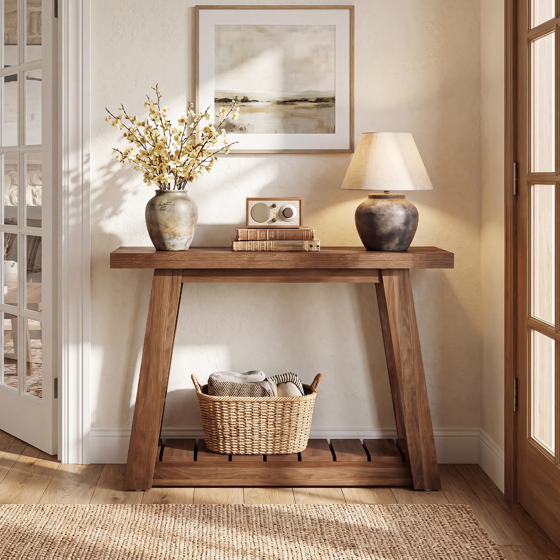 Tribesigns Mesa consola de 105 cm, estrecha mesa de pasillo con 2 estantes, mesa consola rústica de madera, mesa de entrada para pasillo, salón, entrada, mesa de sofá, color marrón