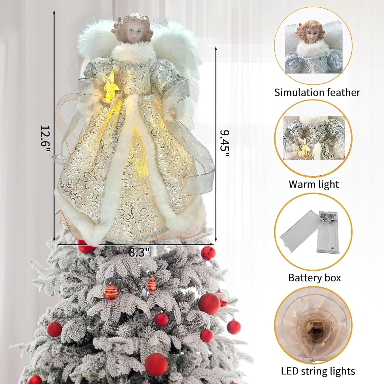 Angel Tree Topper with LED Light, 14" Angel Treetop Figurine with Dress, Feather Wings, and 10 Lights for Indoor and Outdoor Holiday Decoration, Xmas Home Ornaments-Silver - Image 3