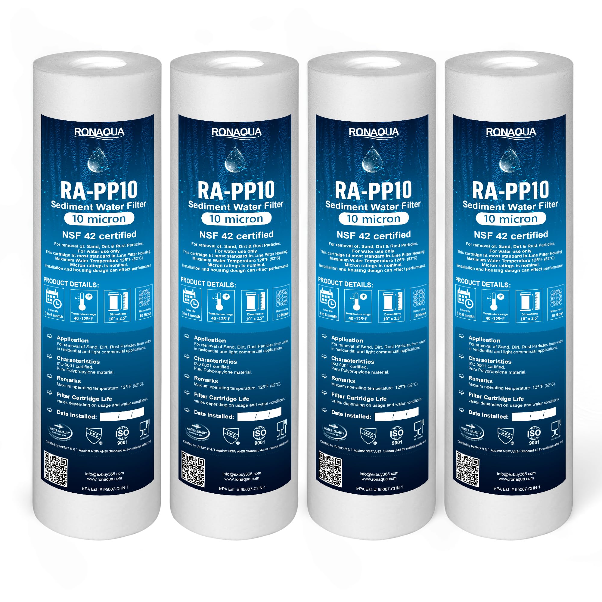 Ronaqua 10M-4PK 10-Micron Sediment Water Filter Cartridge WELL-MATCHED with P5, AP110, WFPFC5002, CFS110, RS14, WHKF-GD05, 4-Pack