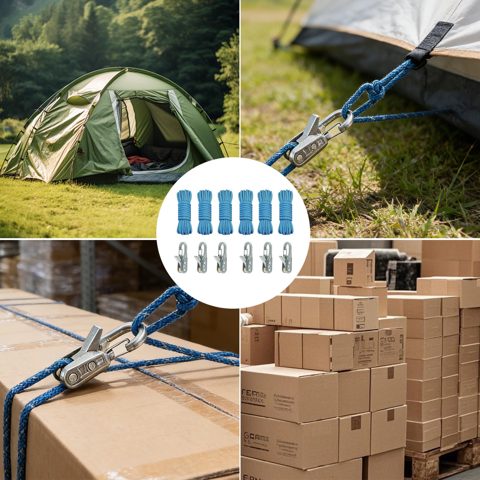 Seilrolle, 6 Seile und 6 Seilversteller, Seilrolle Seilspanner, Seilspanner mit Paracord-Zugwerkzeug, Verstellbarer Seilspanner für Camping, Bootfahren, Wandern, Outdoor-Aktivitäten (A)