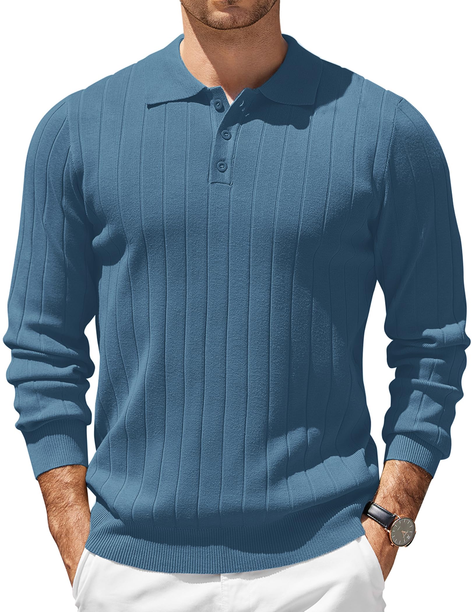 Mens Knit Polo Shirts Long Sleeve Casual Dress Pullover Sweater