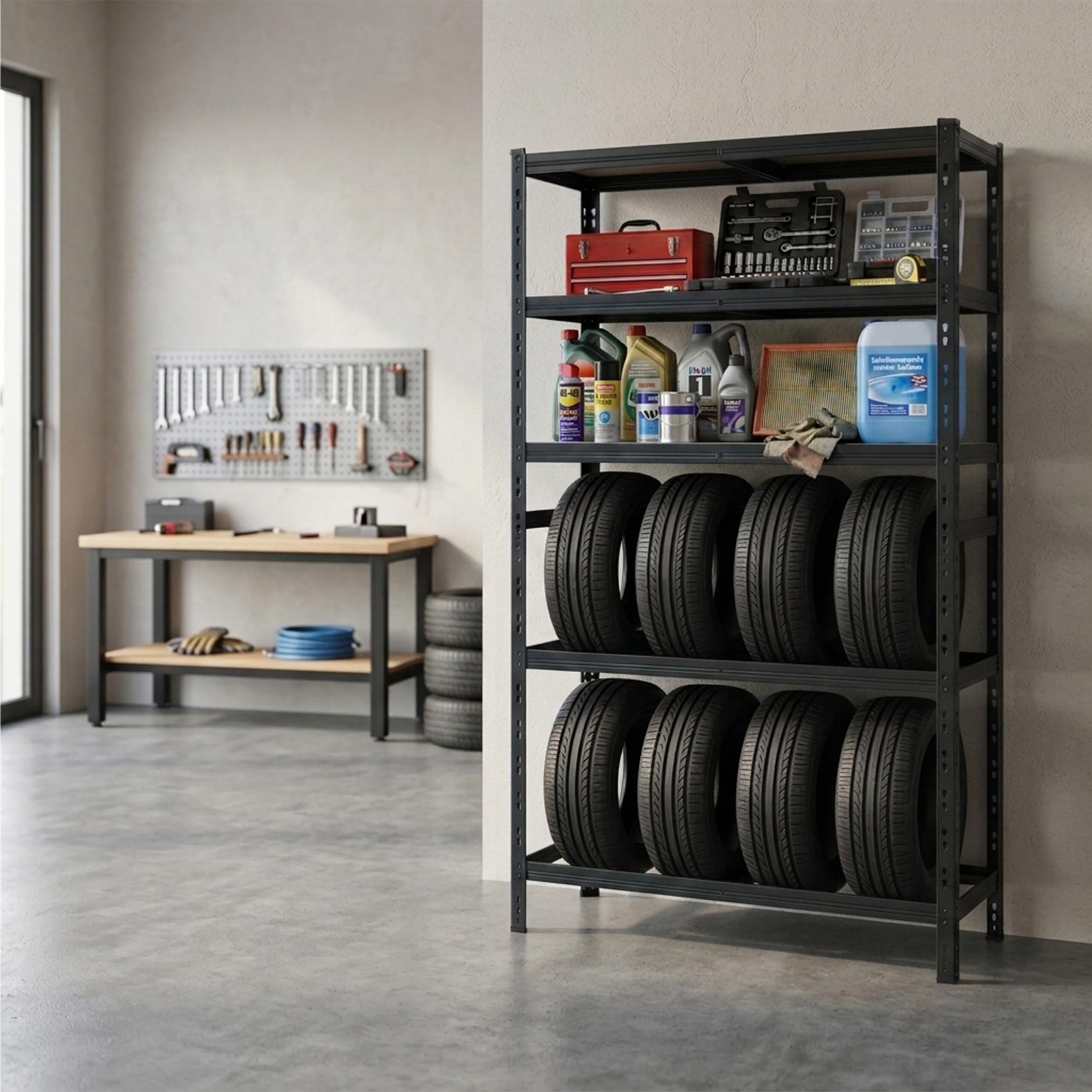 Relaxdays Étagère pour 8 pneus, HxLxP 210x110x40 cm, 750 kg, Acier, Montage emboîtable, Atelier, Noir