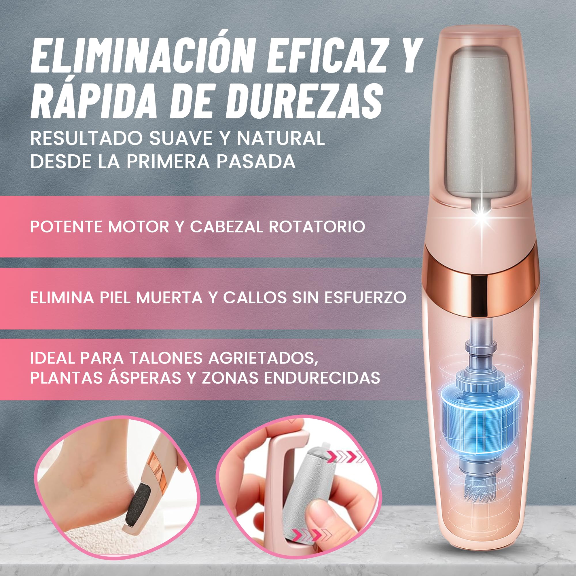Lima Electrica Pies Durezas - Quita Durezas para Pies - Removedor de Callos - Pedicura Profesional para Pies - Pedicura Profesional para Pies Recargable con 2 Recambios con Luz Integrada.