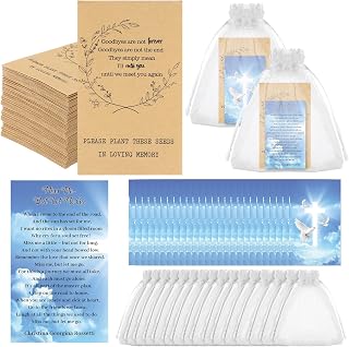 100 Sets Funeral Favors Include Empty Self Adhesive Paper Seed Envelopes with Funeral Prayer Cards Celebration of Life Memorial Card Organza Bags for Loss of Loved One Bereavement Favors(No Seeds)