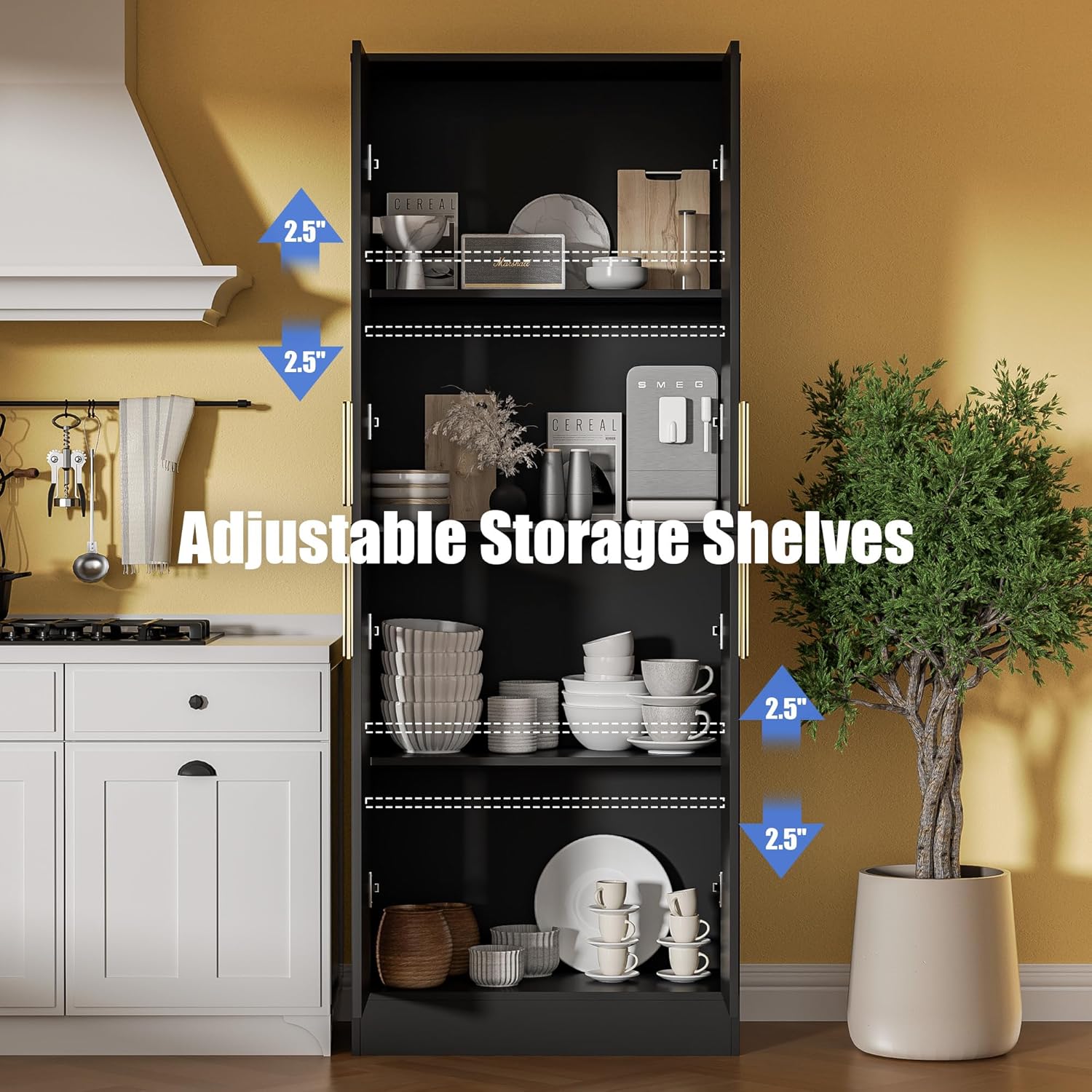Interior view of the Housoul pantry cabinet with adjustable shelves, demonstrating items stored on shelves and indicating 2.5-inch adjustment increments.