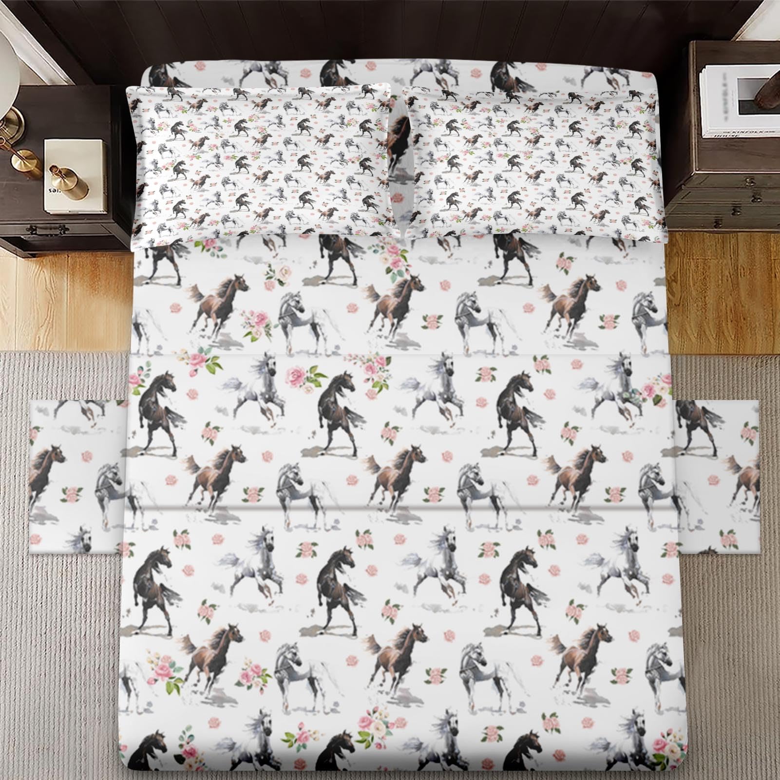 WeCozy Queen Size Bed Sheet Sets with Pillowcases, Cute Brown Horses 4 Pcs Soft Microfiber Bedding for Kids and Adults, Pink Rose Flower Flat, Fitted Sheet for Bedroom Bed Decor