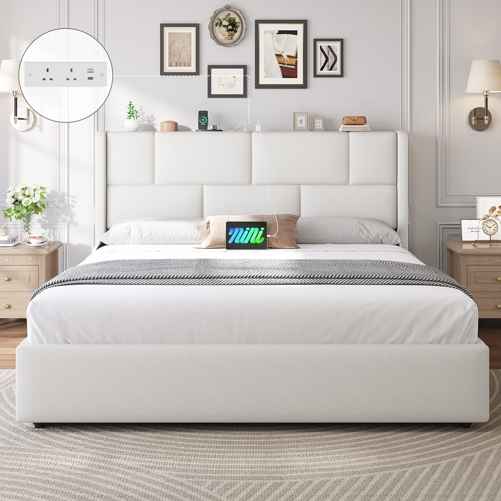 Brinlawb 5ft King Size Ottoman Bed Frame with Hydraulic Storage, Upholstered King Size Bed Frame with Height-Adjustable Headboard and Charging Station, Ample Under-Bed Storage Space, 150x200 cm, White