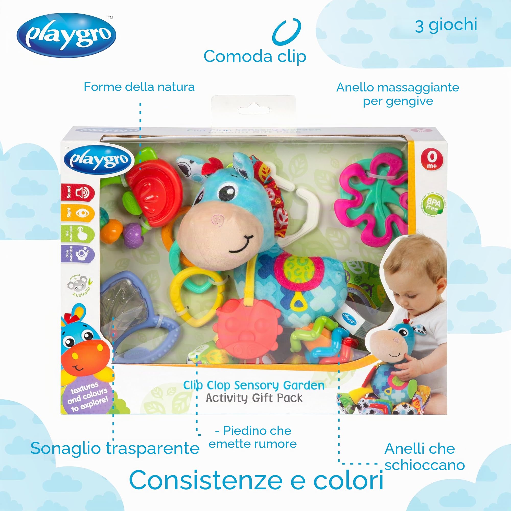 Playgro Clip Clop Sensory Garden Activity Gift Pack – Set Gioco Sensoriale da Giardino per Neonati 0+ Mesi – Giocattoli Interattivi con Sonagli, Massaggiagengive e Amico da Passeggino – 4 Pezzi