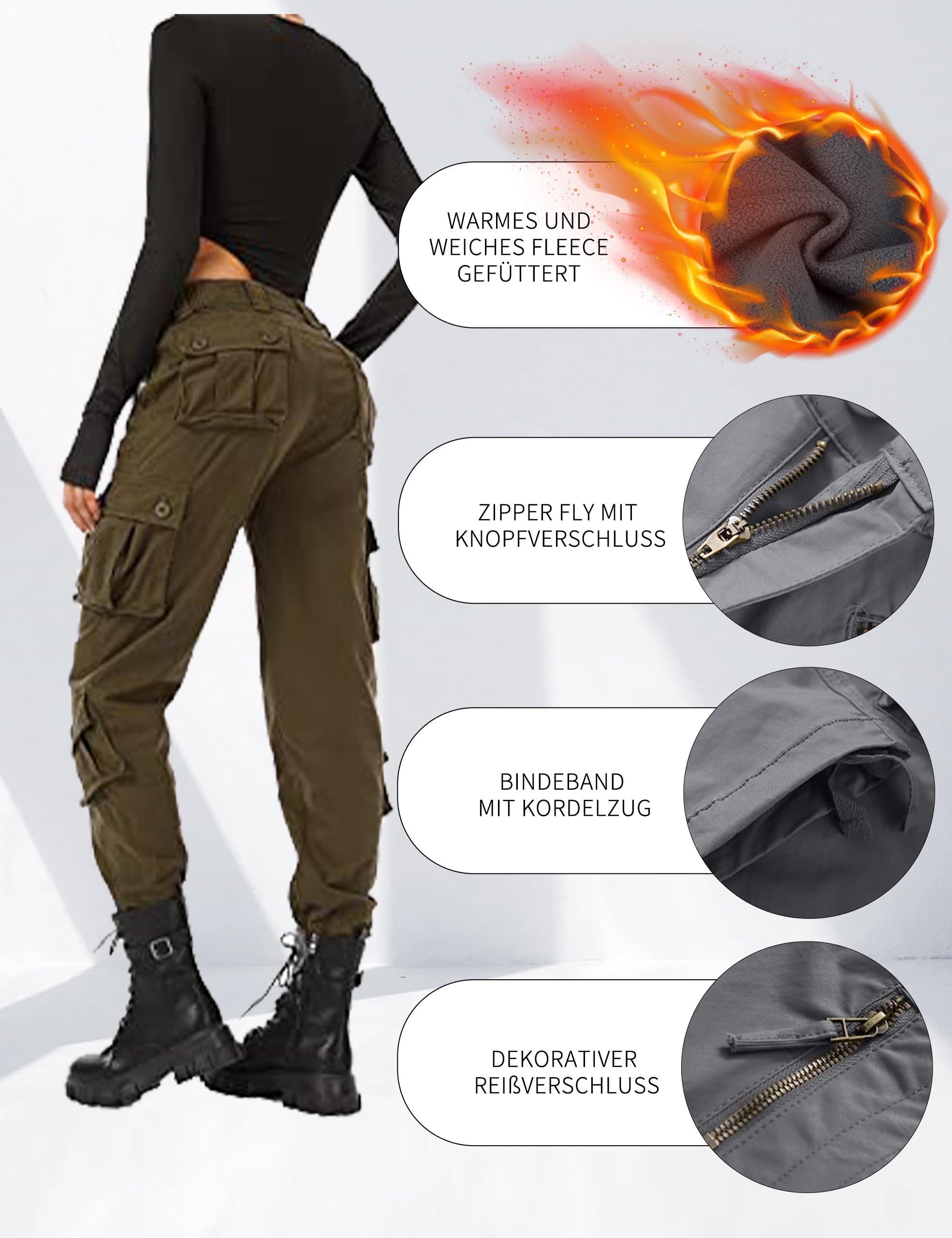 Damen Hosen Cargohose Winter Warm Baumwolle Wanderhose Multi Taschen Outdoorhose Workwear Reißverschluss Armee Militär Relaxed-Fit Trekkinghose