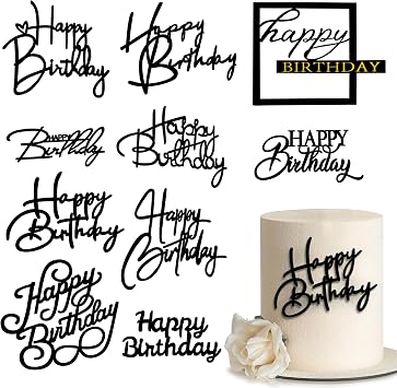 10 PCS Silver Happy Birthday Acrylic Cake Toppers Mirrored Side Cake Decorations Inserts 10 Styles Black