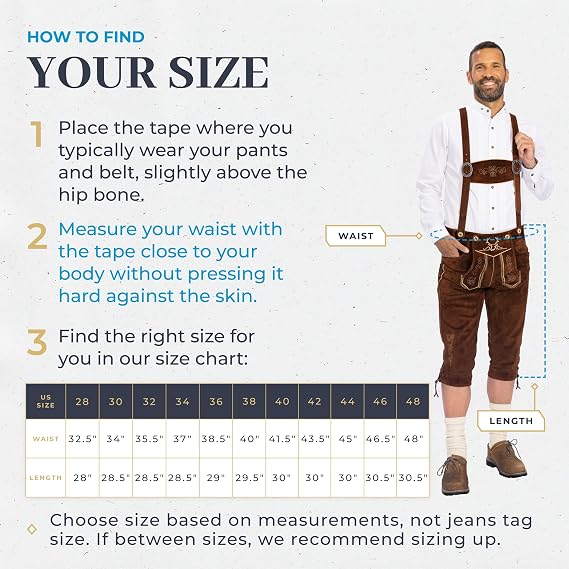 BAVARIA TRACHTEN Men's Kneebound Lederhosen German Oktoberfest Knee Length | Knee-length Bavarian Kneebound lederhosen with embroidered detailing & adjustable suspenders - authentic Oktoberfest style