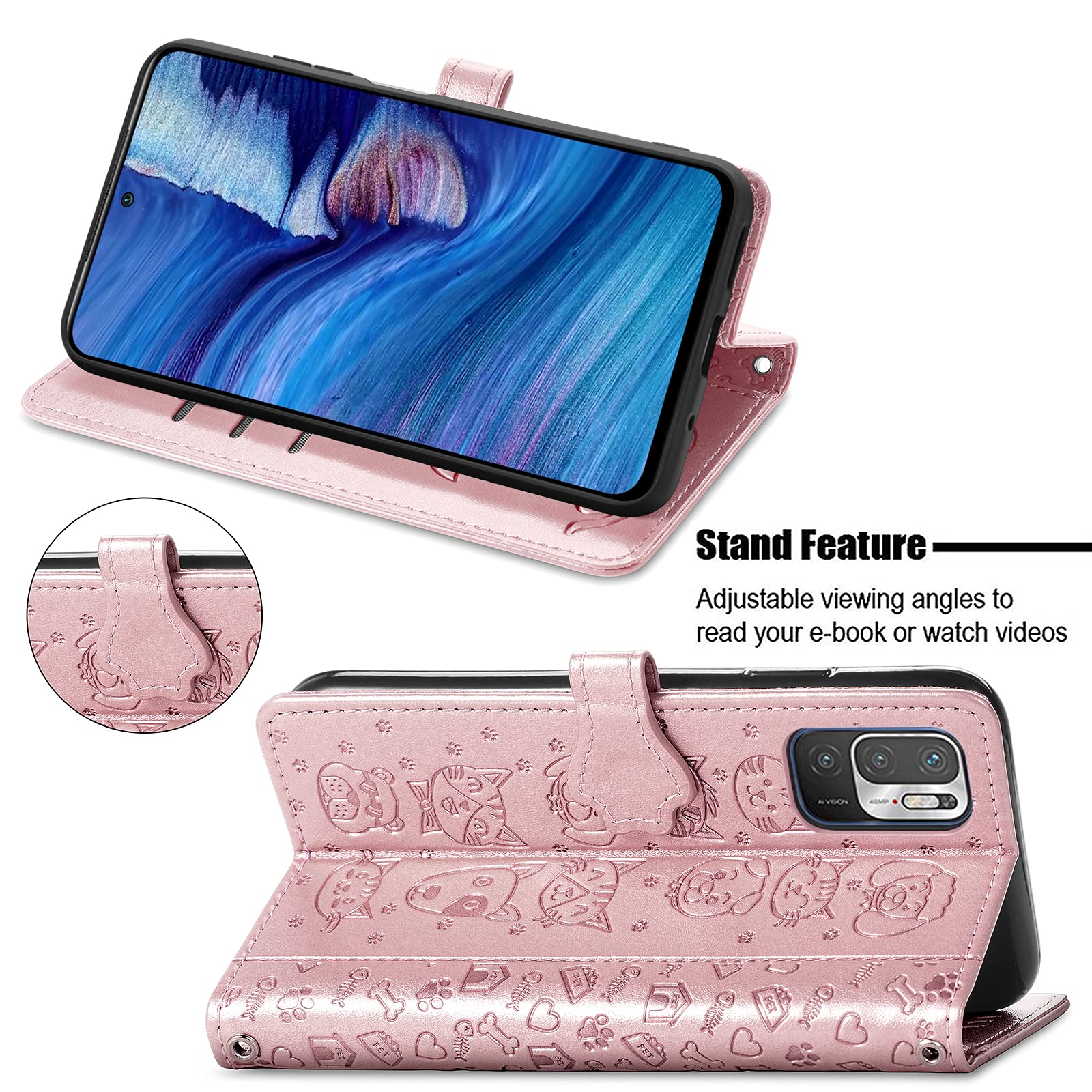 Fertuo Cover Portafoglio Per POCO M3 Pro / Redmi Note 10 5G, Con Disegno Gatto E Cane, Verde, Antiurto