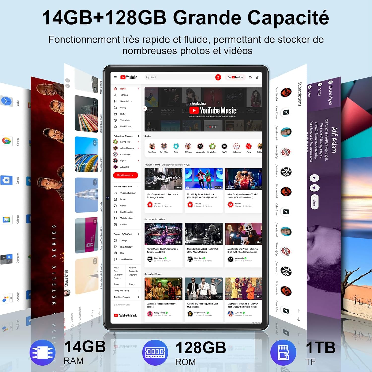 ZIOVO Z118 Tablet displaying streaming apps and storage capacity