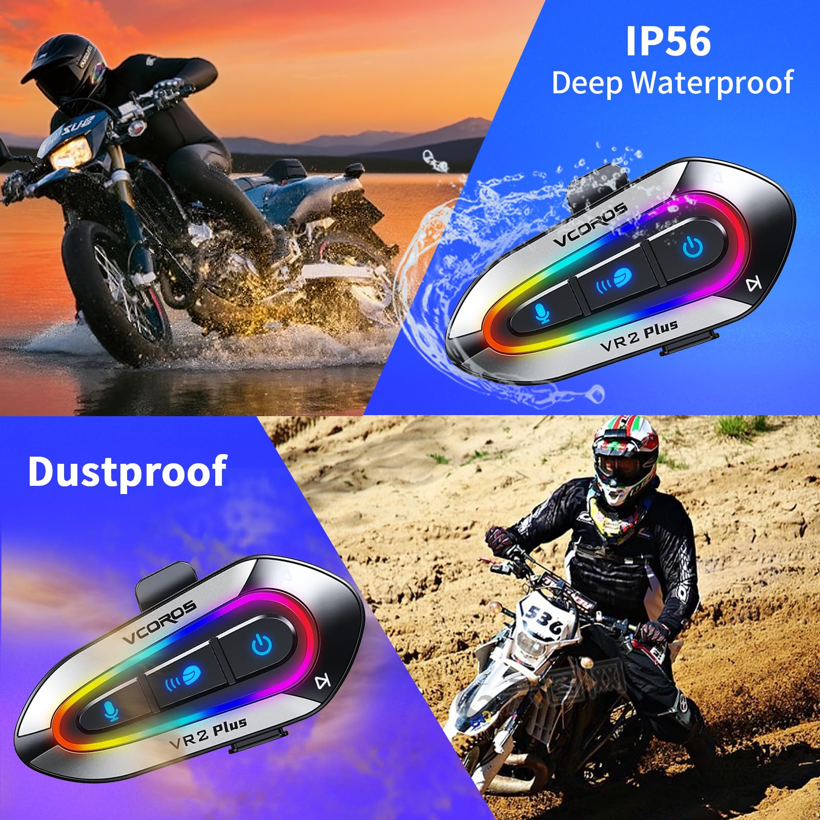 VCOROS Interfono Moto VR2 Plus,Interfono Casco Sistema di Comunicazione per 2 Persone Entro 500m,Impermeabile IP56,Auricolare Casco Moto Supporto Chiamata Vocale Controllo Musica (2Pack Hard Mic)