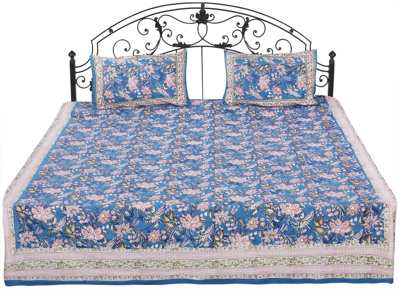 Exotic India Celestial-Blue Sanganeri Bedspread with Screen-Printed Flower - Pure Cotton with Pillow-image-5