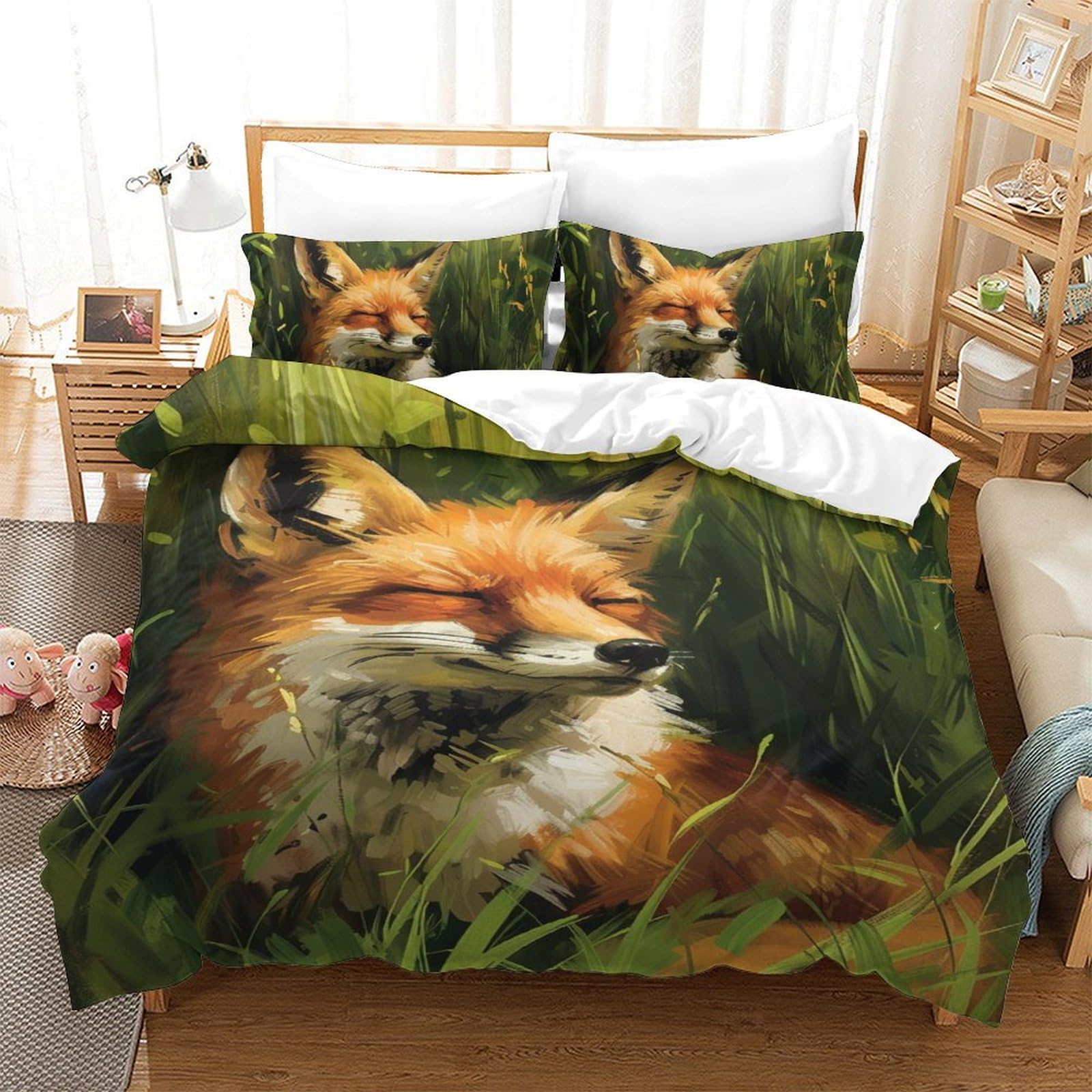 Housses de couettes 3 pièces motif renard de la jungle en microfibre douce lit simple 140x200