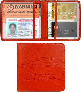 Car Registration and Insurance Card Holder, Leather Car Document Holder Glove Compartment Organizer, Vehicle Wallet Case Glove Box Organizer for Women Men, Car Accessories (Orange)