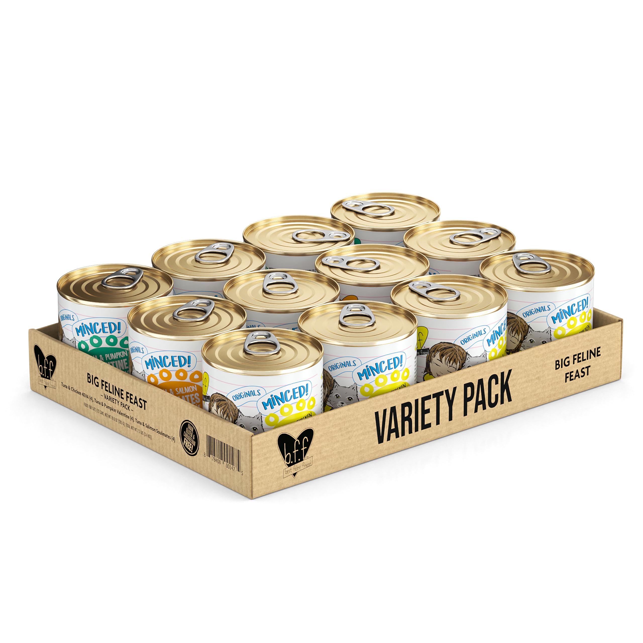 Weruva BFF Minced Natural Wet Cat Food, Big Feline Feast Variety Pack, 10oz Can, Pack of 12