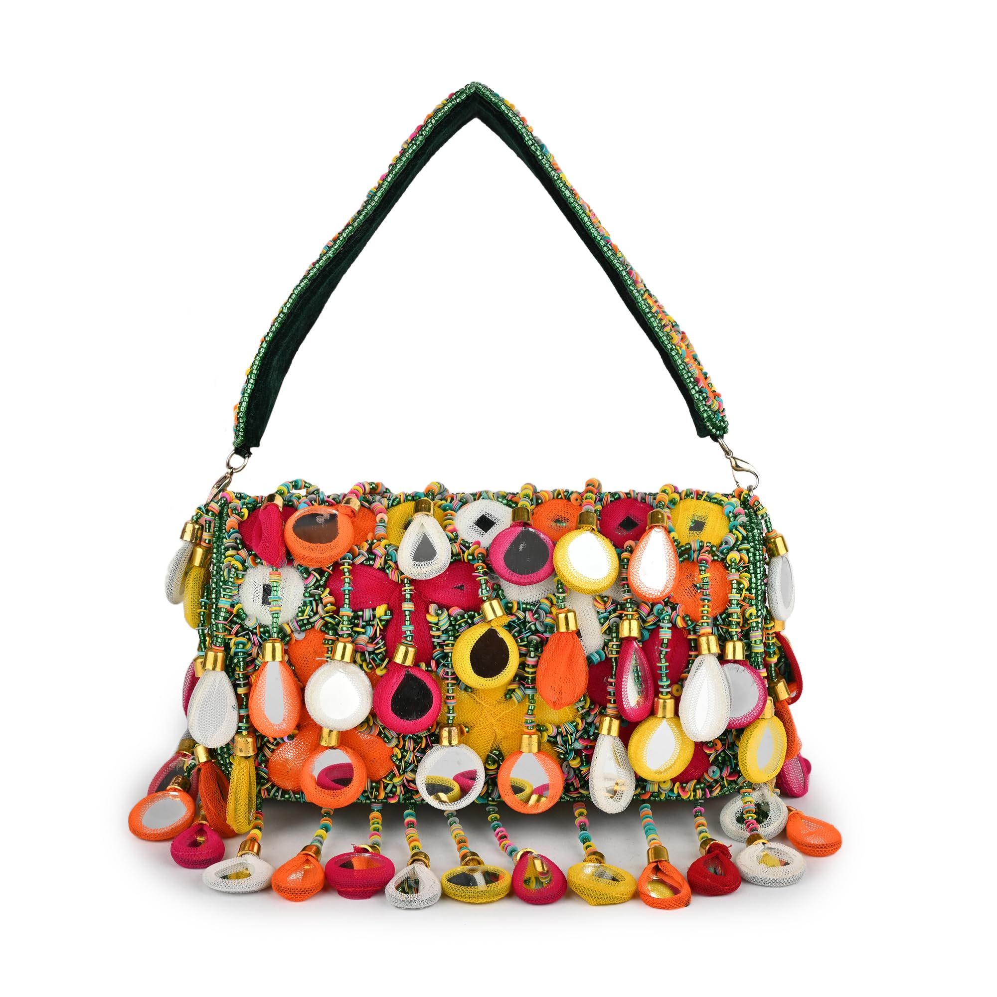 Banjara Beats – Multicolor Handcrafted Flap Bag | Boho-Chic Embellished Clutch with Fabric Drops & Beaded Handle-image-4