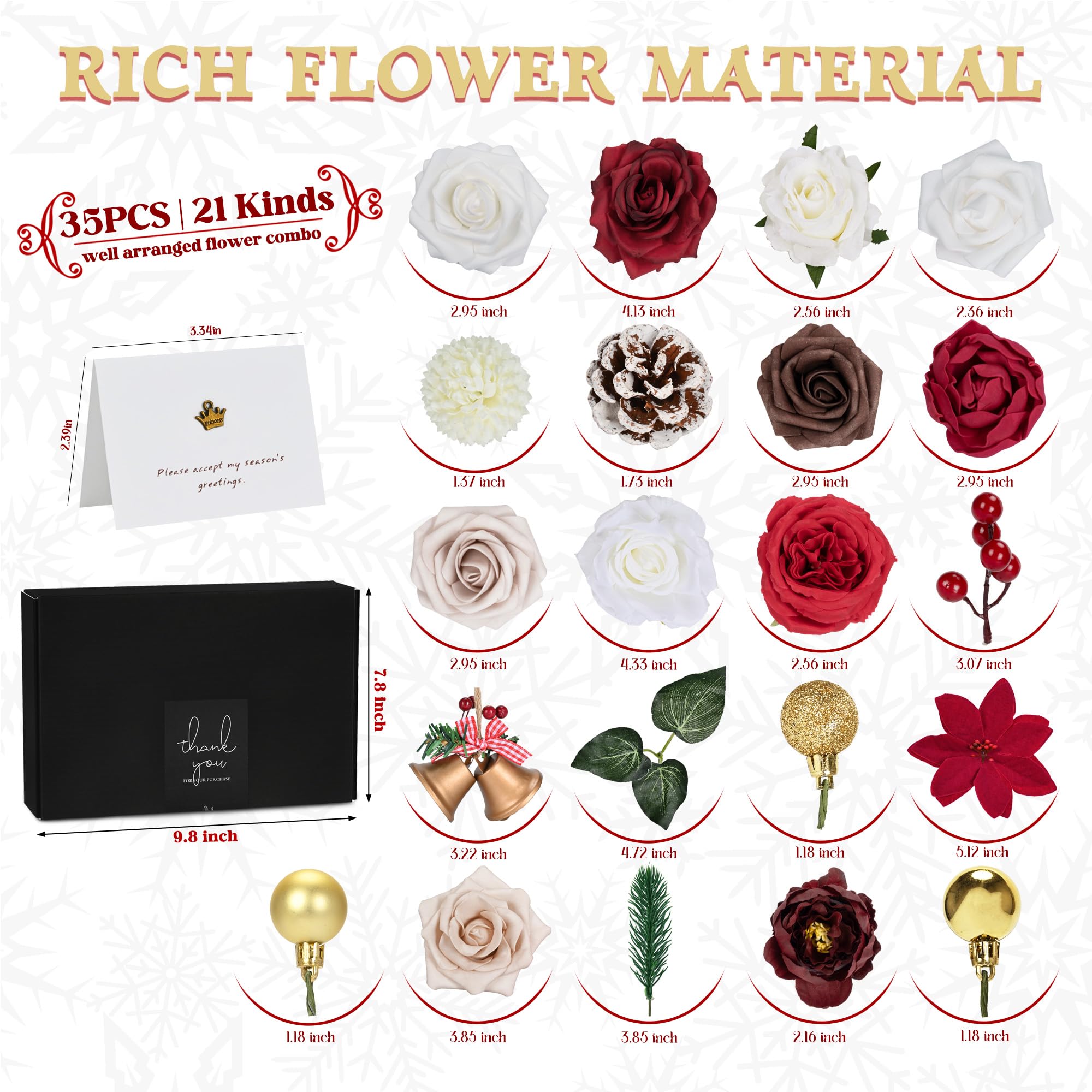 Künstliche Blumen Combo für Weihnachtsbaumschmuck, 25 Stück künstliche Blumenmischung mit t Stiel für Weihnachten, Heimdekoration, Weihnachtskranz, DIY