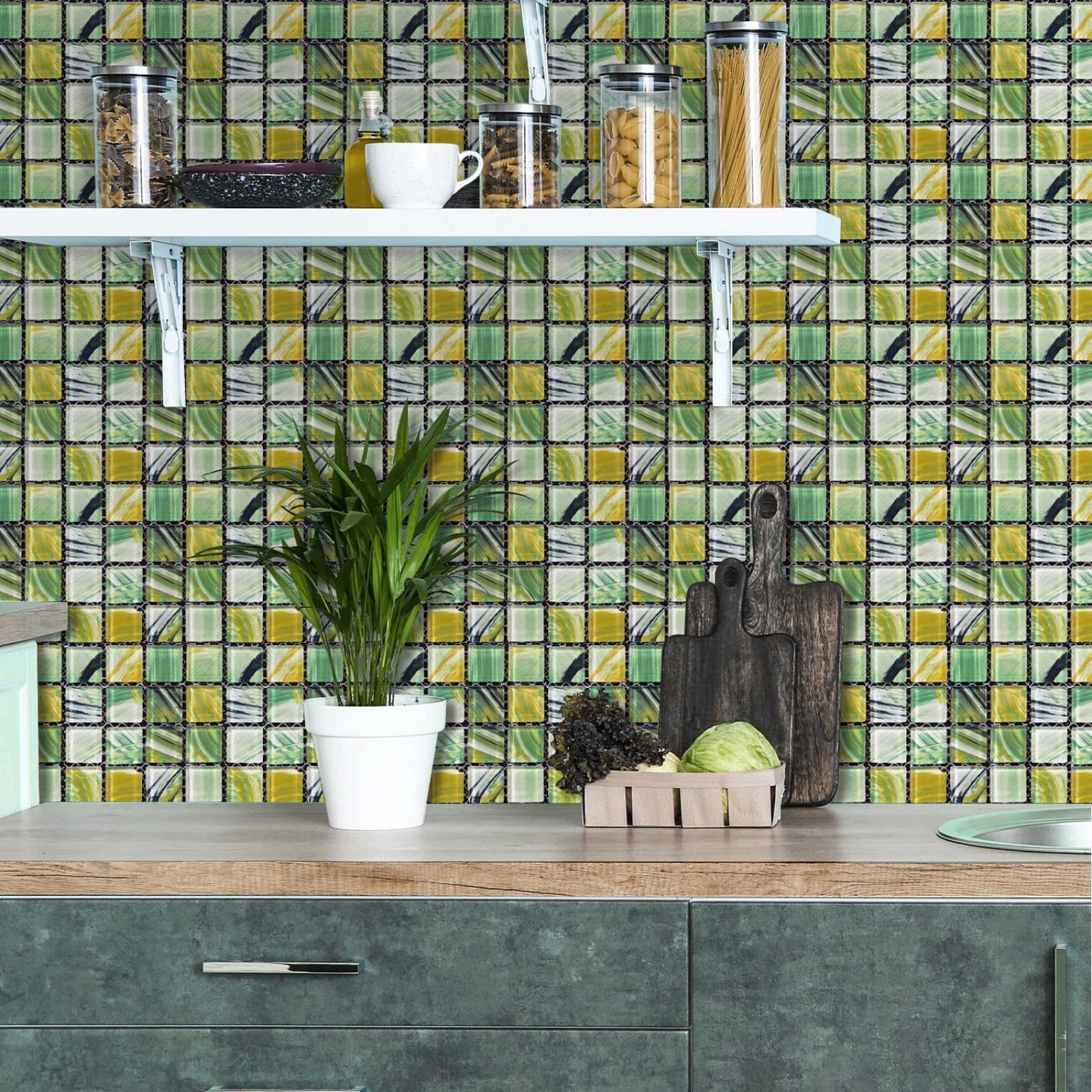 Rmjcxys Yellow/Green Stick On Tiles Mosaic Kitchen Tile Stickers For Bathroom Waterproof Removable Vinyl Decals Oilproof Backsplash Decorative Self Adhesive Tiles 10X240 Cm/ 1 Roll