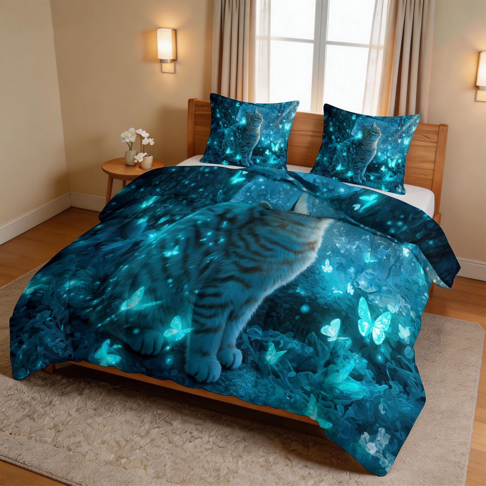 Kołdra 220 x 240 cm Fantastyczny las, dwustronna kołdra dla 2 osób bez rękawów, kot tygrys motyl oddychający koc na 4 pory roku, kołdra dla nastolatka i dzieci - ciemnoniebieski