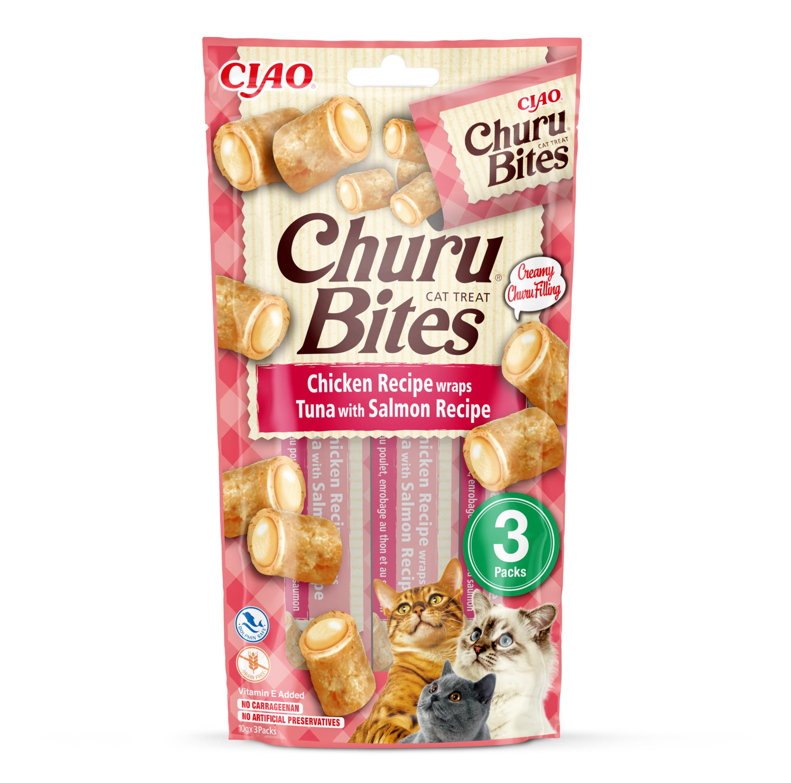 Inaba® Ciao® Inaba Ciao Churu Bites Premio Snack per Gatti al Pollo con Ripieno Morbido di Tonno e Salmone 3 Stick da 10 g