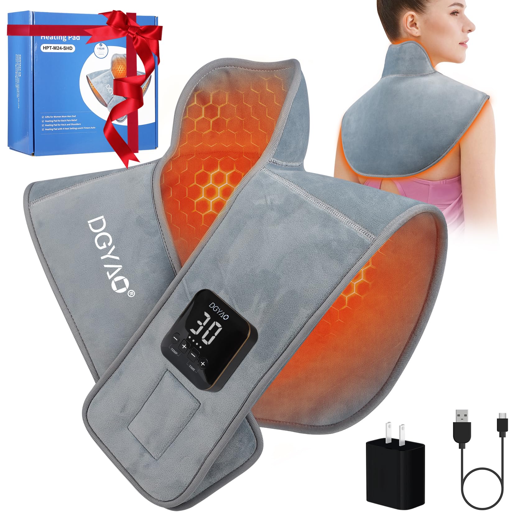 Almohadilla térmica portátil recargable para hombros y cuello, calentador portátil con 4 niveles de ajustes de temperatura y 6 niveles de apagado automático temporizado, alivia el dolor de hombro y