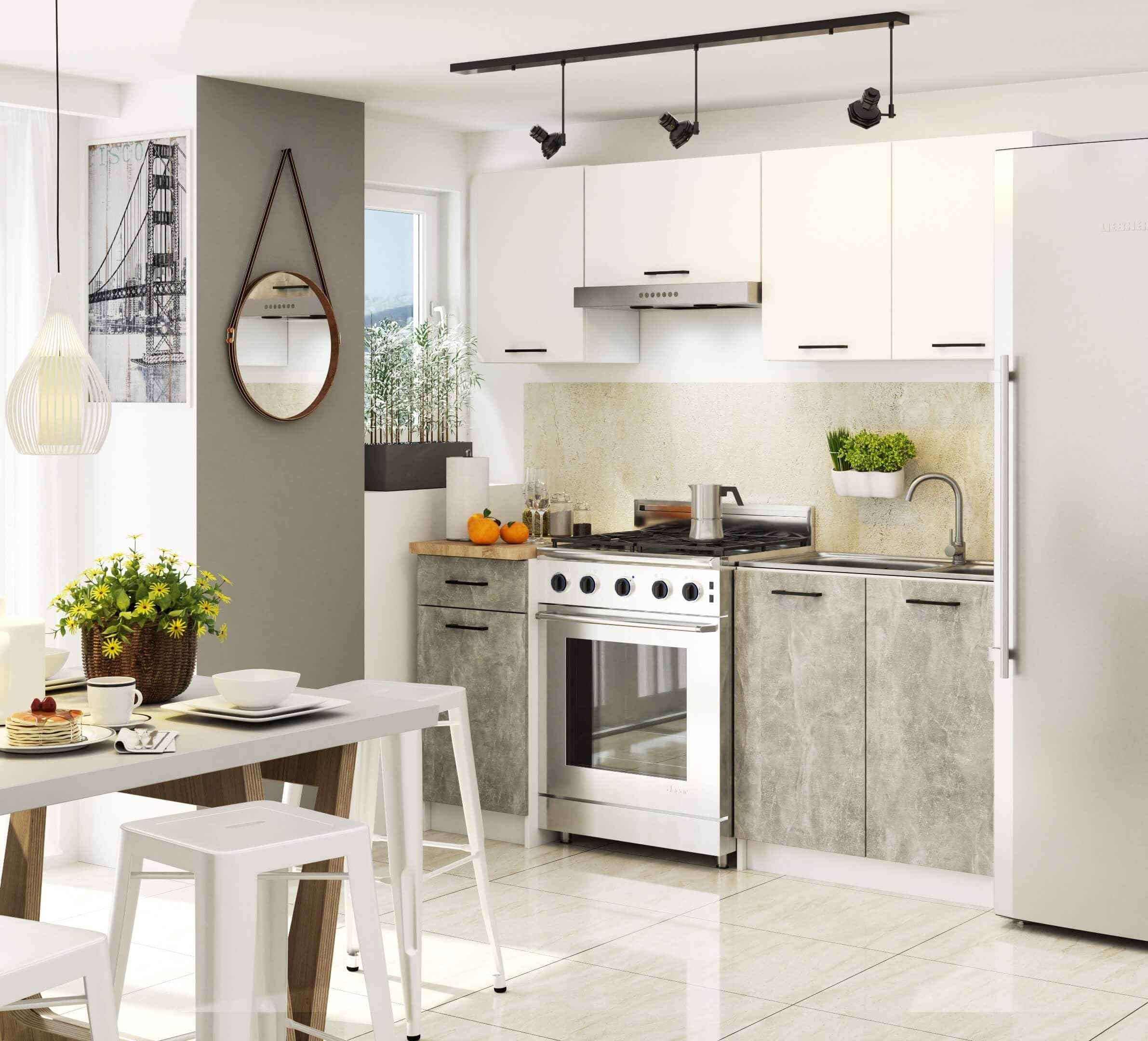 AKORD | Conjunto de Muebles de Cocina Oliwia | Completa Pequeña | Mueble Modular | A Medida 180 cm | Modulares Pequeñas | Blanco y Hormigón Frente