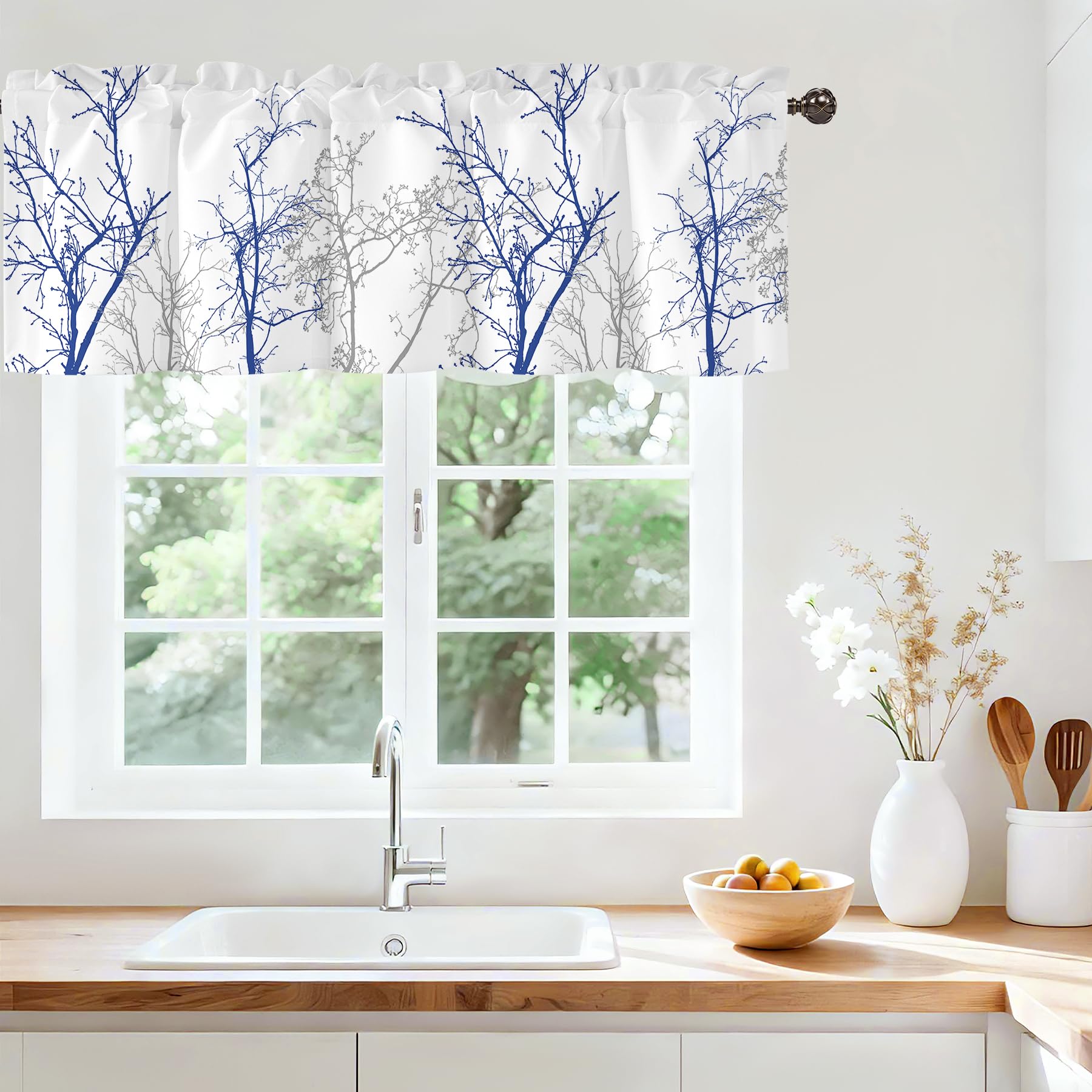 Tree Branch Kitchen Valances for Windows, Rod Pocket Sheer 42x12 in