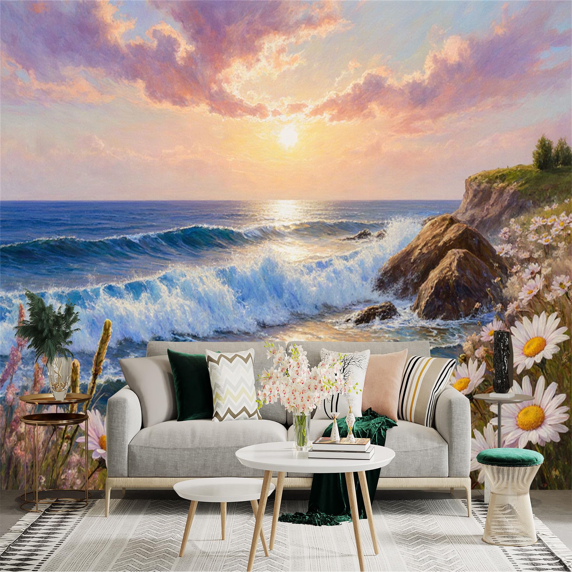 Lnzczhyre Xc260505062 Custom Size Wall Sticker Mural， Beautiful Seascape At Sunset， Crashing Ocean Waves， Blooming Wildflower Field， Coastal Scenic View， For Wall Decoration， Peelandstick Wall Decals.