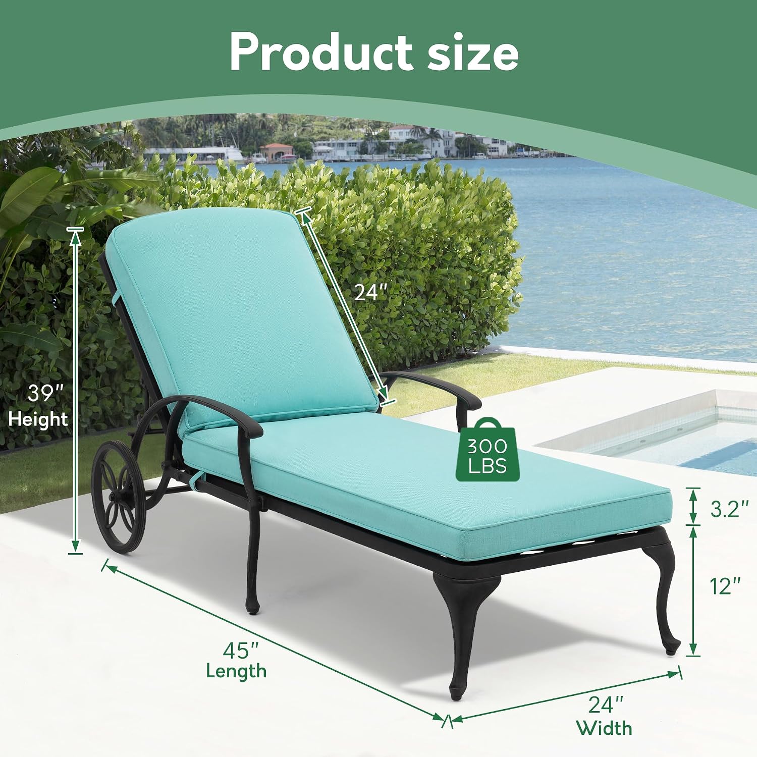 Chaise Lounge Chair Outdoor- Patio Pool Chairs Tanning Lounges for Outside Beach Lounger Cast Aluminum with Cyan/Teal Cushion 1Pack