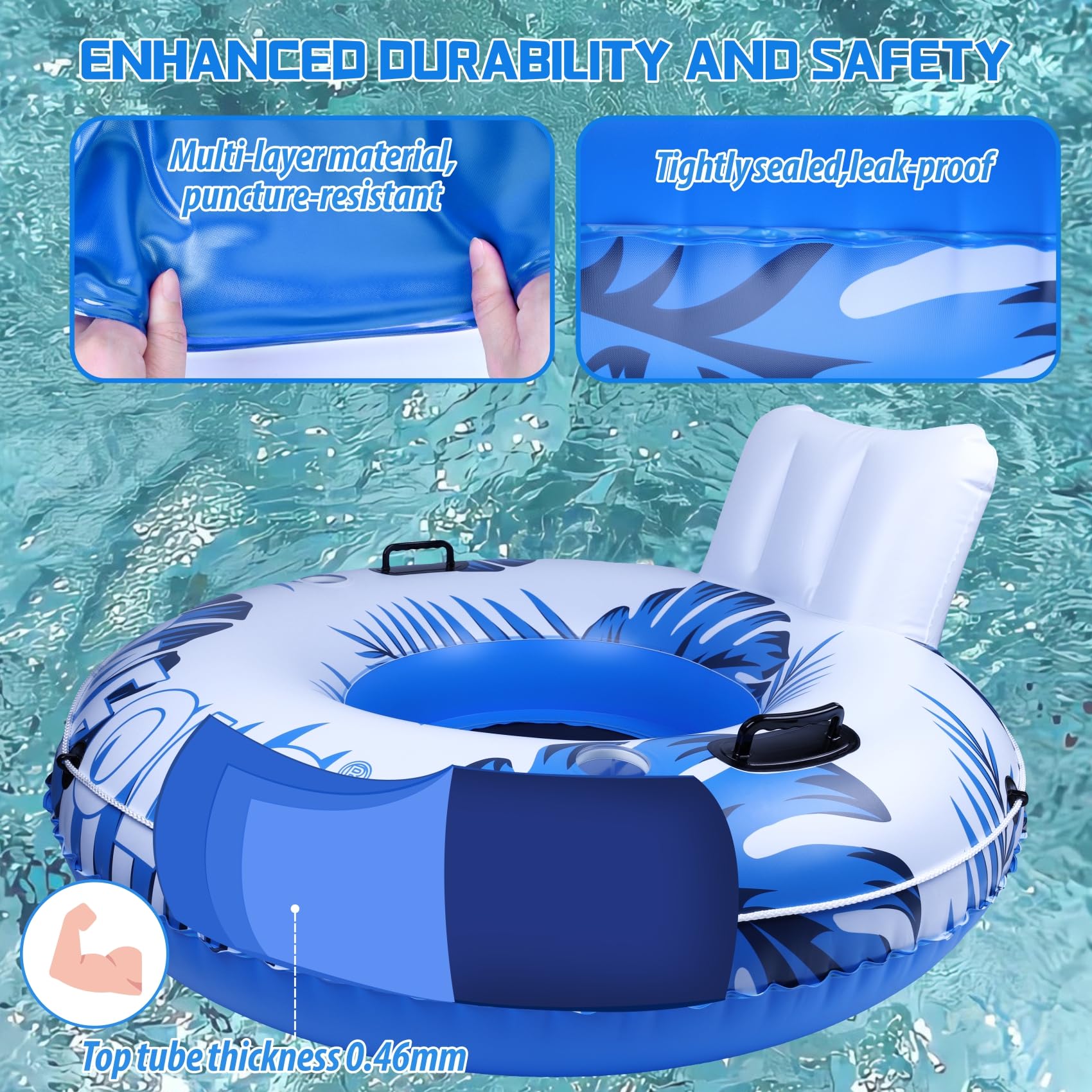 Aufblasbarer Pool Luftmatratze Schwimmsessel, Hochleistungs-Pool-Rohr, 135cm Erwachsene River-Tubes Sofa für Strand- und See-Rafting mit Netzboden, 2 Getränkehalter 2 Haltegriffe, Tragkraft 205kg