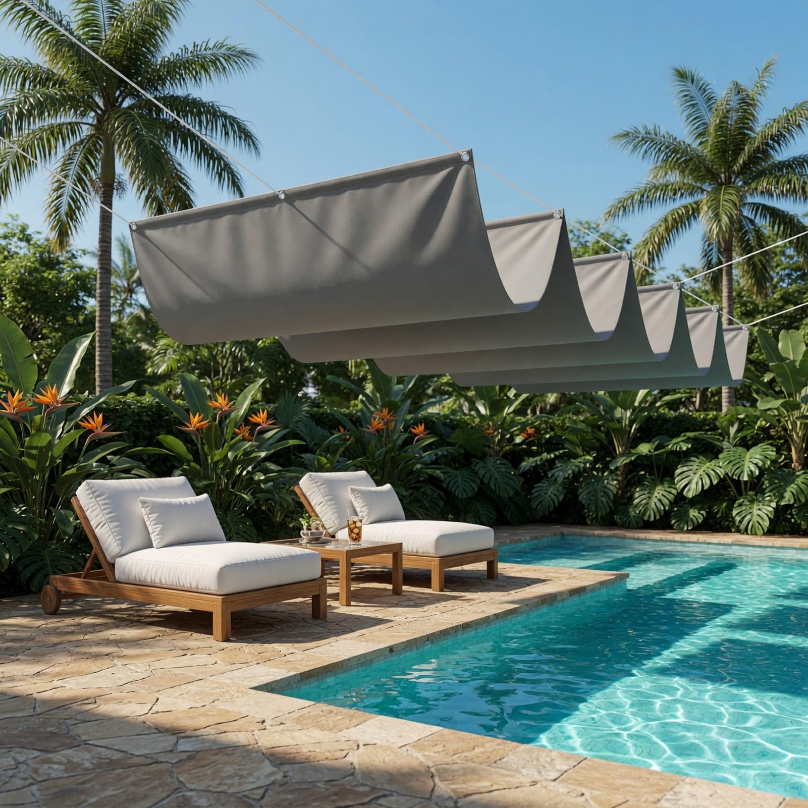 Einziehbare Welle Sonnensegel 2.6 x 7 m 95% Uv-Schutz Wasserdicht Verstellbar Schattenabdeckung Segeltuch PES Polyester Schattenspender für Außenbereich, Garten, Hellgrau