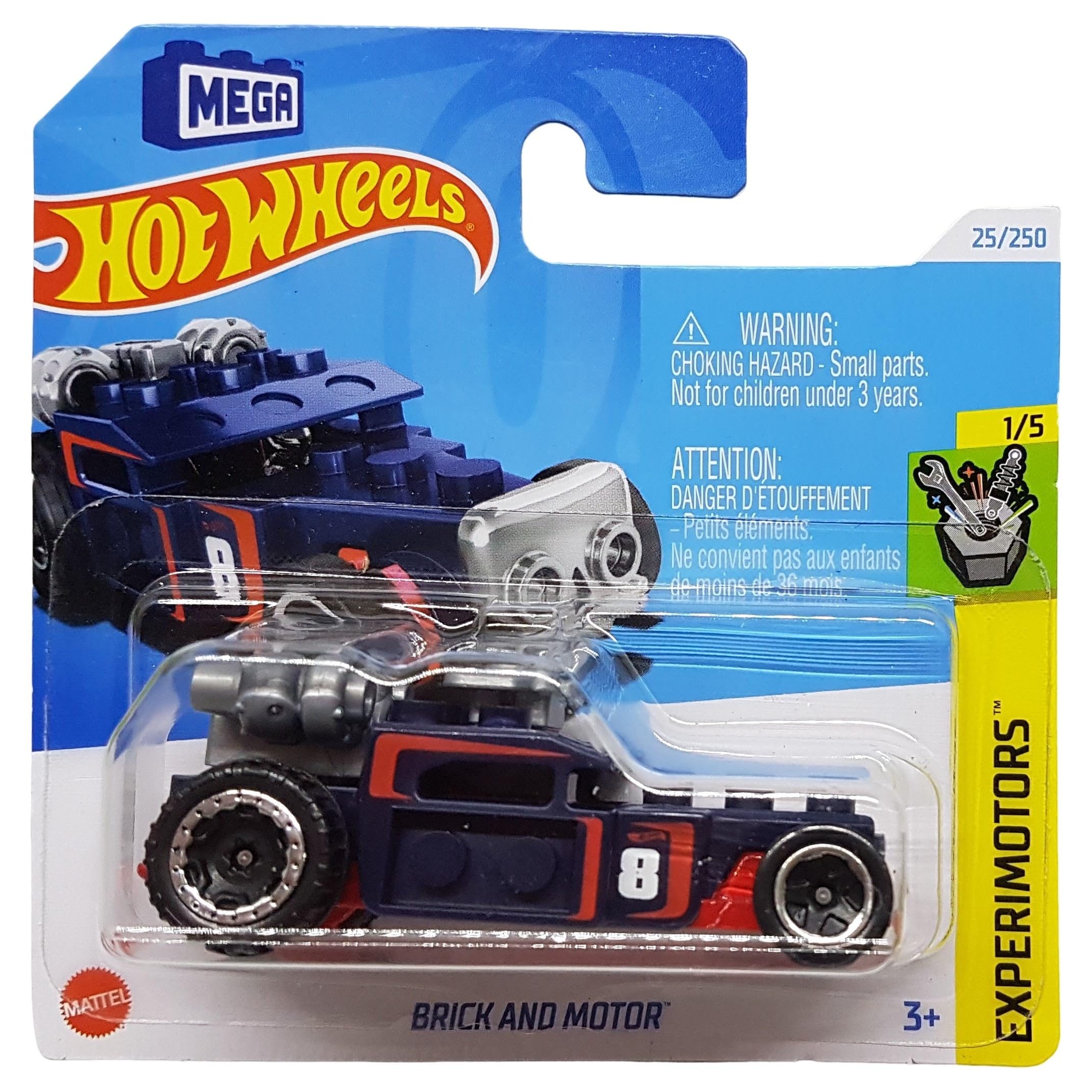 Hot Wheels - Brick and Motor - Experimotors 1/5 - HTC55 - Short Card - Mega - Moving Parts - Mattel 2024, Yellow