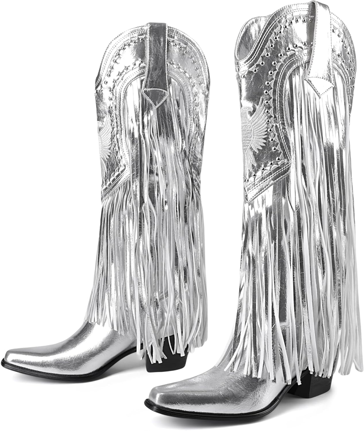 HiColor women's silver fringe studded western cowboy boots square toe chunky heels boots